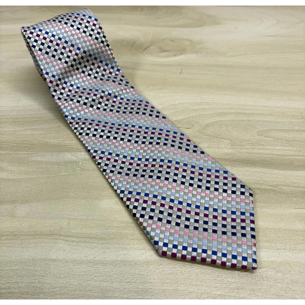 The Tie Bar Geometric Diamond Pattern 100% Silk Tie- Blue, Purple, Pink, Silver